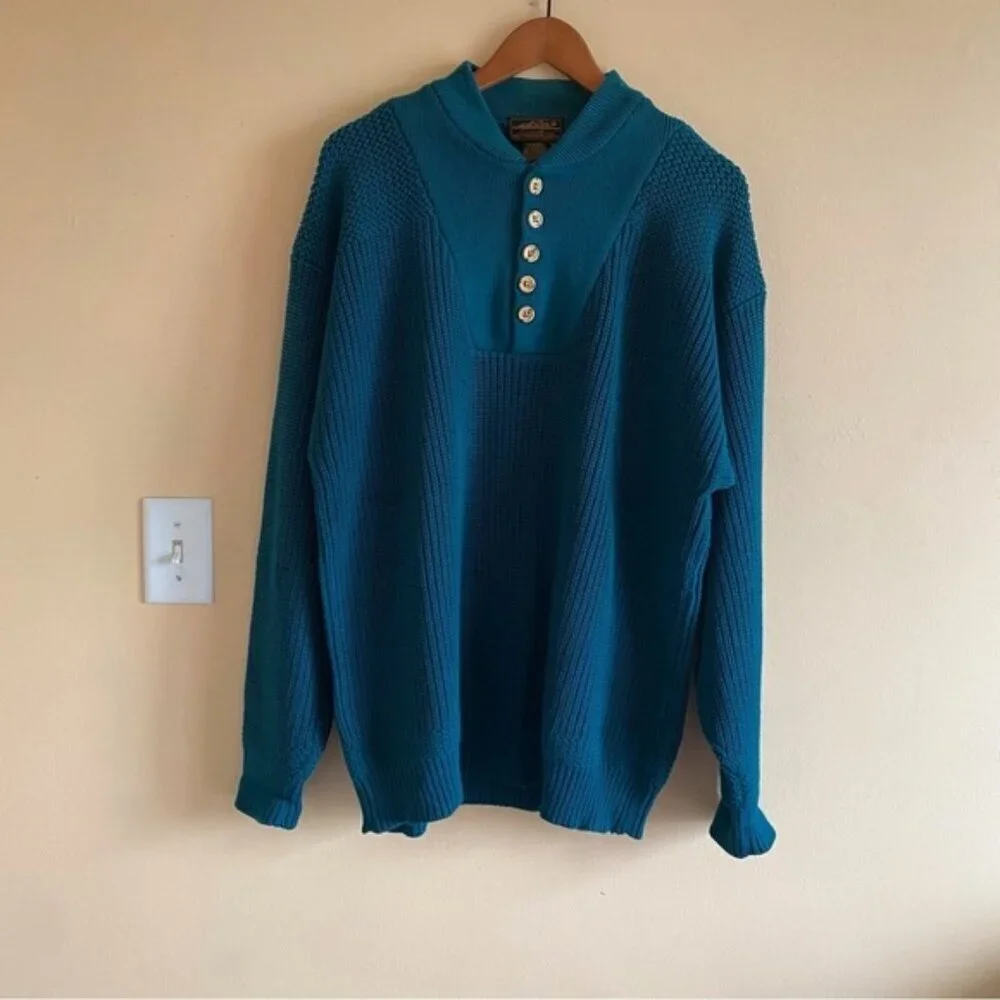 Y2K Eddie Bauer Henley Sweater Men Large TALL Cotton Chunky Knit Preppy Gorpcore - Picture 13 of 13